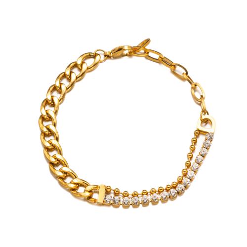 Bijoux bracelet en acier inoxydable, Acier inoxydable 304, avec 5cm chaînes de rallonge, Placage, Double couche & pour femme & avec strass, doré, Longueur 16 cm, Vendu par PC