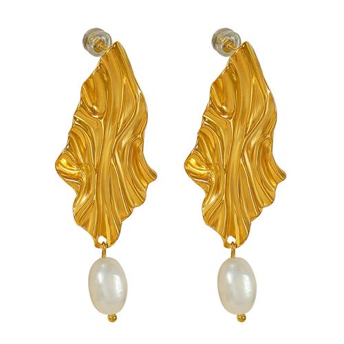 Cruach dhosmálta Graí Earrings, 304 Cruach dhosmálta, le Pearl Fionnuisce, Leaf, plátáilte, jewelry faisin & do bhean, órga, 24x60mm, Díolta De réir Péire