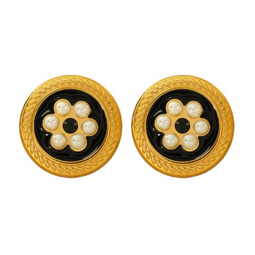 Stainless Steel Stud Earrings 304 Stainless Steel with Plastic Pearl Round gold color plated fashion jewelry & for woman & enamel Sold By Pair