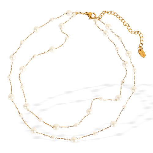 Stainless Steel Jewelry Necklace 304 Stainless Steel with Plastic Pearl plated Double Layer & fashion jewelry & for woman golden Sold By PC