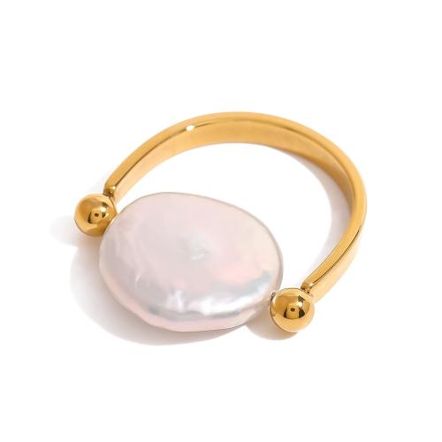 Stainless Steel Finger Ring 304 Stainless Steel with Freshwater Pearl plated fashion jewelry & for woman golden Sold By PC