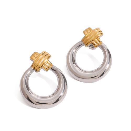 Stainless Steel Stud Earrings 304 Stainless Steel Round plated for woman & two tone & hollow Sold By Pair