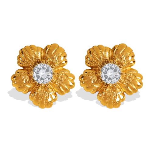 Rostfritt stål Stud Örhängen, 304 rostfritt stål, Blomma, plated, mode smycken & micro bana cubic zirconia & för kvinna, gyllene, Säljs av Par