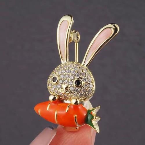 Zinc Alloy Brooches Rabbit gold color plated enamel & with rhinestone Sold By PC