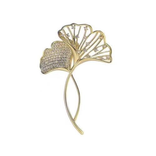 Zinklegering broches, Zinc Alloy, Ginkgo Leaf, gold plated, voor vrouw & met strass & hol, 40x60mm, Verkocht door PC