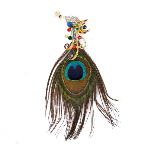 Zinc Alloy Brooch with Feather Peacock gold color plated for woman & enamel & with rhinestone Sold By PC