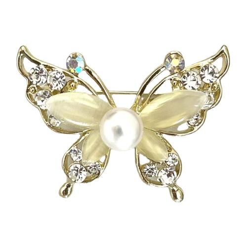 Zinc Alloy Brooch with Crystal & Plastic Pearl Butterfly gold color plated for woman & with rhinestone 43mm Sold By PC