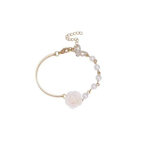 Plastic Pearl Bracelet with Resin & Zinc Alloy Flower gold color plated for woman & with rhinestone Length Approx 6-8 Inch Sold By PC