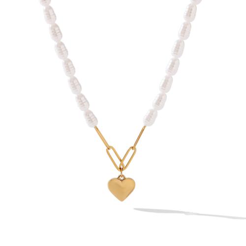 Stainless Steel Jewelry Necklace 304 Stainless Steel with Plastic Pearl gold color plated fashion jewelry golden Sold By PC