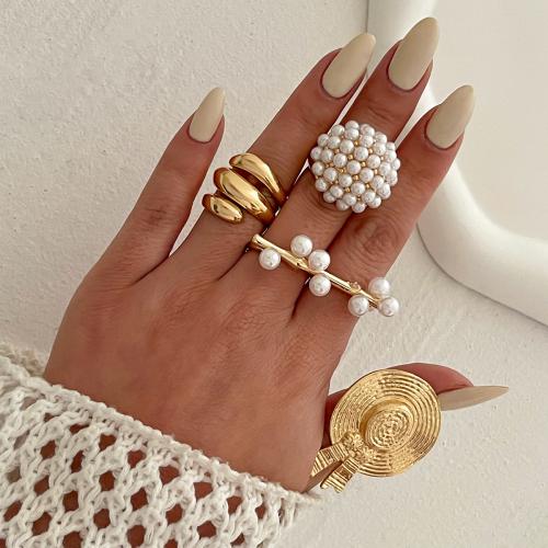 Cink Alloy Finger Ring, s Plastična Pearl, pozlaćen, modni nakit & različitih dizajna za izbor, više boja za izbor, nikal, olovo i kadmij besplatno, Prodano By PC