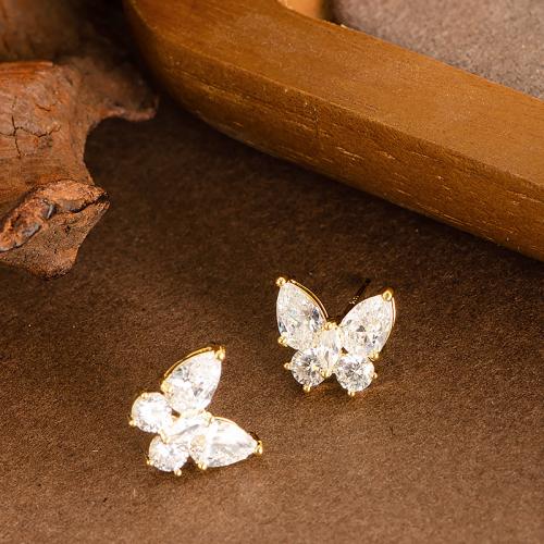 Brass Stud Earring Butterfly plated fashion jewelry & with rhinestone nickel lead & cadmium free Sold By Pair