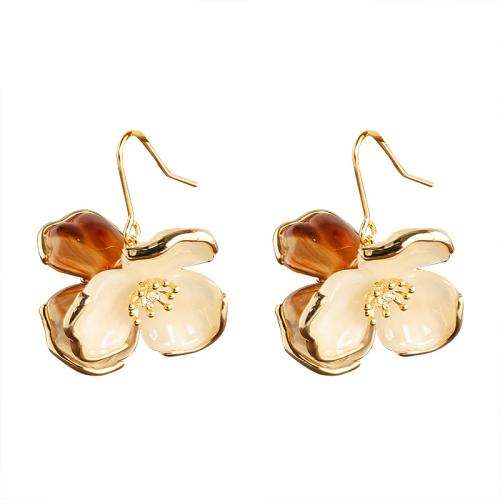 Pendientes de Gota en Latón, metal, con resina, Flor, chapado en color dorado, Joyería, dorado, libre de níquel, plomo & cadmio, 26x32mm, Vendido por Par