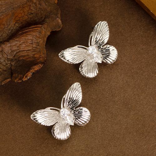 Brass Stud Earring Butterfly plated fashion jewelry & with rhinestone nickel lead & cadmium free Sold By Pair