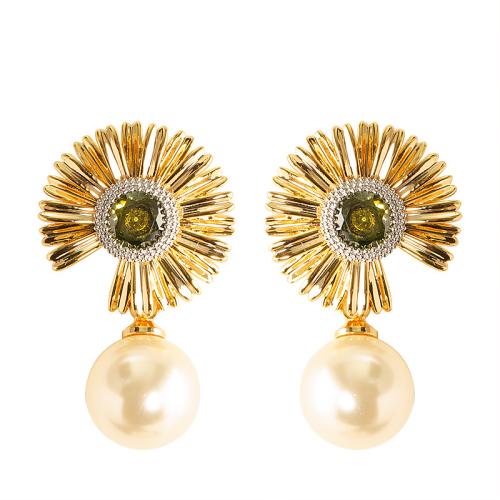 Brass Drop Earring with Plastic Pearl plated fashion jewelry & with rhinestone nickel lead & cadmium free Sold By Pair