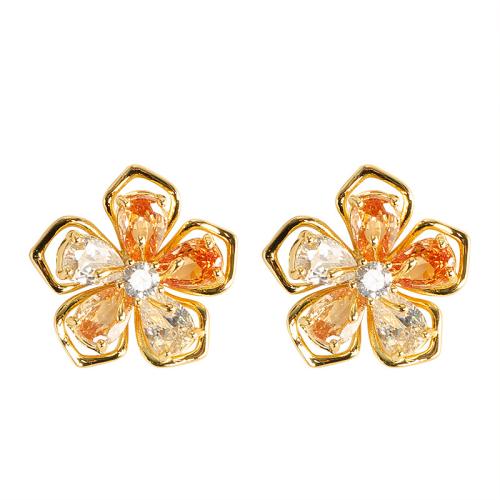 Brass Stud Earring Flower gold color plated fashion jewelry & with rhinestone nickel lead & cadmium free Sold By Pair