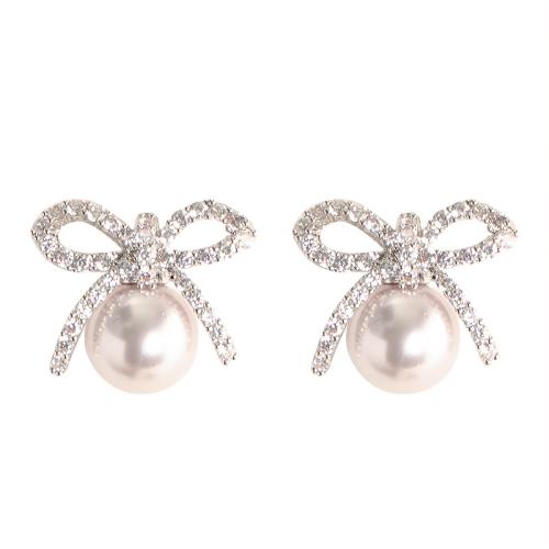 Mässing Stud Örhänge, med Plast Pearl, plated, mode smycken & med strass, silver, nickel, bly och kadmium gratis, 19x16mm, Säljs av Par