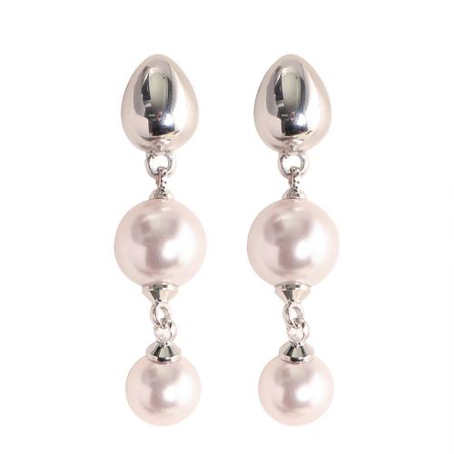 Zinc Alloy Oorbellen, met Plastic Pearl, silver plated, mode sieraden, zilver, nikkel, lood en cadmium vrij, 10x38mm, Verkocht door pair