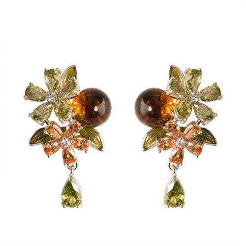 Brass Drop Earring Flower plated fashion jewelry & with rhinestone nickel lead & cadmium free Sold By Pair