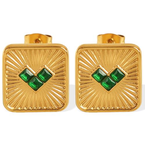 Stainless Steel Stud Earrings 304 Stainless Steel with Glass Stone Square gold color plated fashion jewelry & for woman Sold By Pair