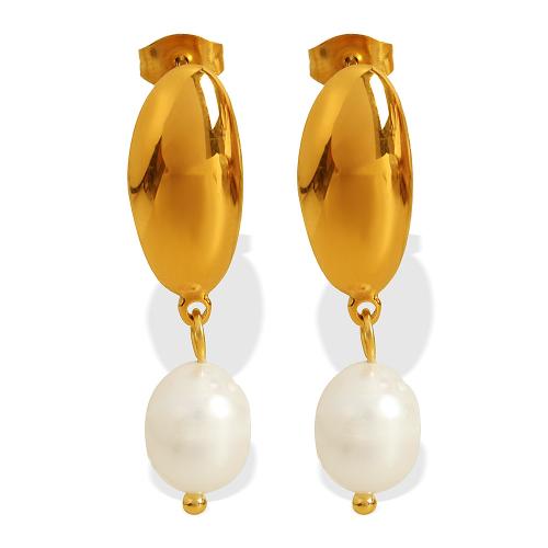 Stainless Steel Stud Earrings 304 Stainless Steel with Freshwater Pearl 18K gold plated fashion jewelry & for woman Sold By Pair