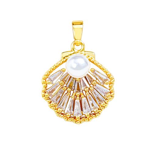 Cubic Zirconia Brass Pendants with Plastic Pearl Shell real gold plated DIY & micro pave cubic zirconia & hollow Sold By PC