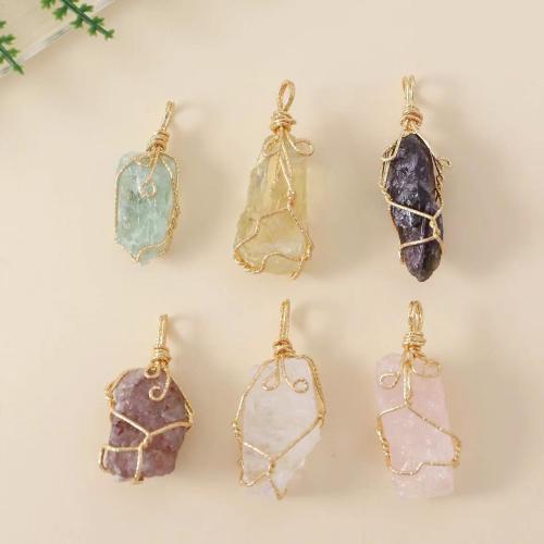 Quartz Gemstone Pendants with Natural Fluorite & Brass irregular gold color plated DIY length about 25-30mm width about 10-15mm Sold By PC