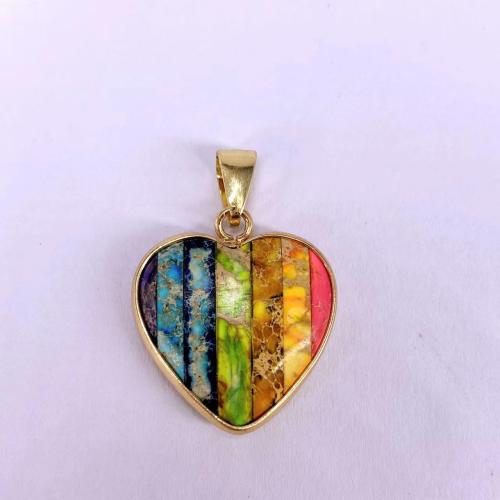 Natural Imperial Jasper Pendants Impression Jasper with Brass Heart gold color plated DIY multi-colored Sold By PC