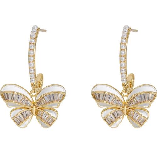 Cubic Zirconia Micro Pave Brass Earring with Plastic Pearl Butterfly gold color plated fashion jewelry & micro pave cubic zirconia golden nickel lead & cadmium free Sold By Pair