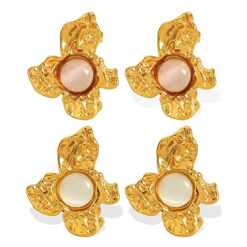 Stainless Steel Stud Earrings 304 Stainless Steel with Opal Flower gold color plated fashion jewelry & for woman Sold By Pair