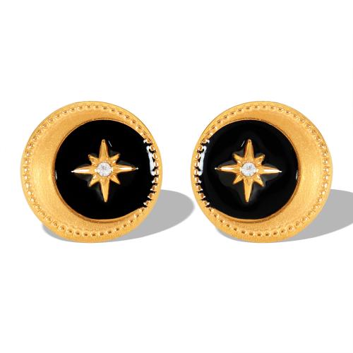 Stainless Steel Stud Earrings 304 Stainless Steel Round gold color plated for woman & enamel & with rhinestone Sold By Pair