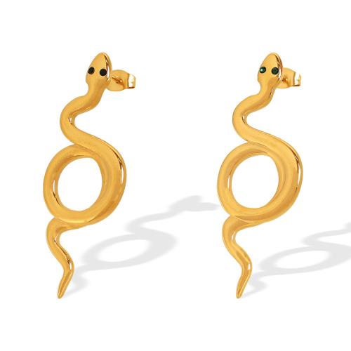 Stainless Steel Stud Øreringe, 304 rustfrit stål, Snake, 18K forgyldt, for kvinde & med rhinestone & hule, flere farver til valg, Solgt af par