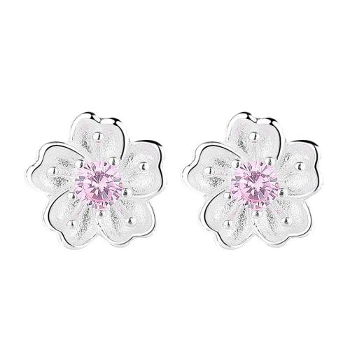 925 Sterling Silver Stud Earring Flower micro pave cubic zirconia & for woman silver color 9mm Sold By Pair