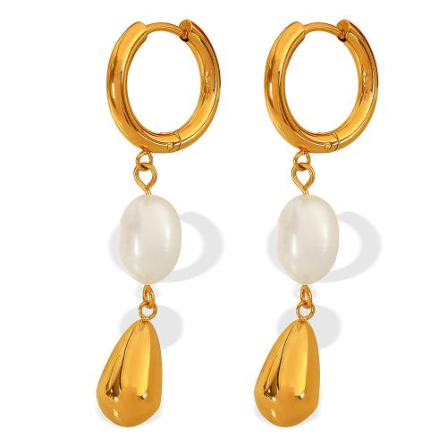 Stainless Steel Lever Back Earring 304 Stainless Steel with Freshwater Pearl 18K gold plated fashion jewelry & for woman Sold By Pair