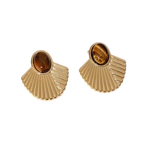 Stainless Steel Stud Earrings 304 Stainless Steel with Tiger Eye Fan gold color plated fashion jewelry & for woman Sold By Pair