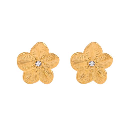 Stainless Steel Stud Earrings 304 Stainless Steel Flower plated fashion jewelry & for woman & with rhinestone Sold By Pair