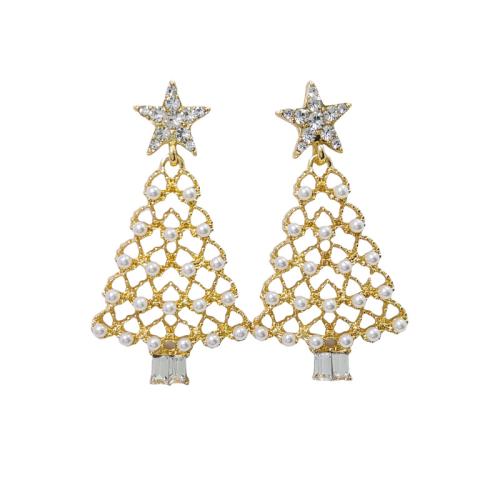 Christmas Earrings Zinc Alloy with Plastic Pearl Christmas Tree plated for woman & with rhinestone & hollow golden Sold By Pair