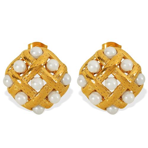 Roestvrij staal Stud Earrings, 304 roestvrij staal, met Plastic Pearl, Plein, plated, mode sieraden & voor vrouw & hol, gouden, Verkocht door pair