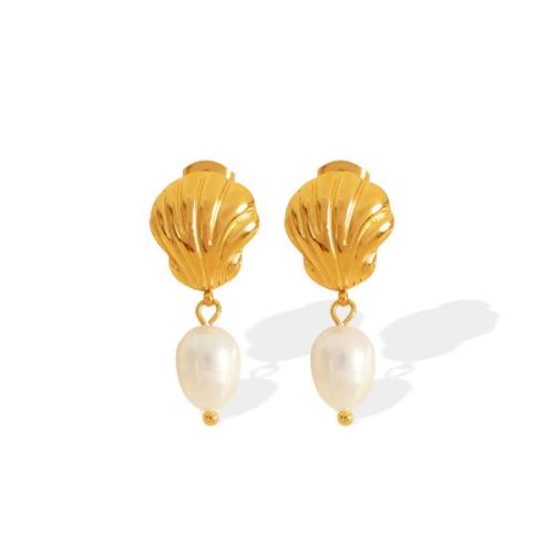 Stainless Steel Stud Earrings 304 Stainless Steel with Plastic Pearl 18K gold plated fashion jewelry & for woman Sold By Pair