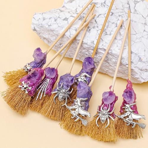 Amethyst Decoration with Wood Broom Halloween Design Sold By PC