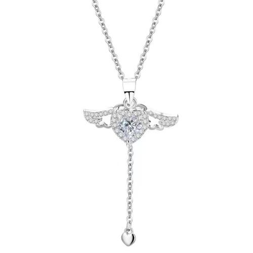 925 Sterling Silver Necklace with 2inch extender chain Winged Heart cross chain & for woman & with rhinestone Length Approx 15.7 Inch Sold By PC