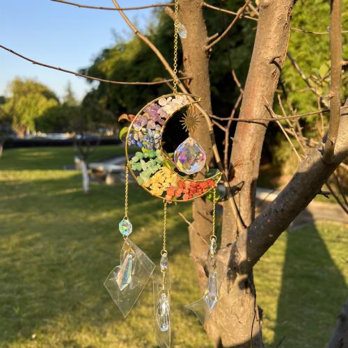 Wind Chimes Outdoor und Heimtextilien, Messing, mit Natürlicher Kies & Glas, Mond, goldfarben plattiert, für Zuhause und Büro, keine, 85x100mm, Länge ca. 45 Millimeter, verkauft von PC