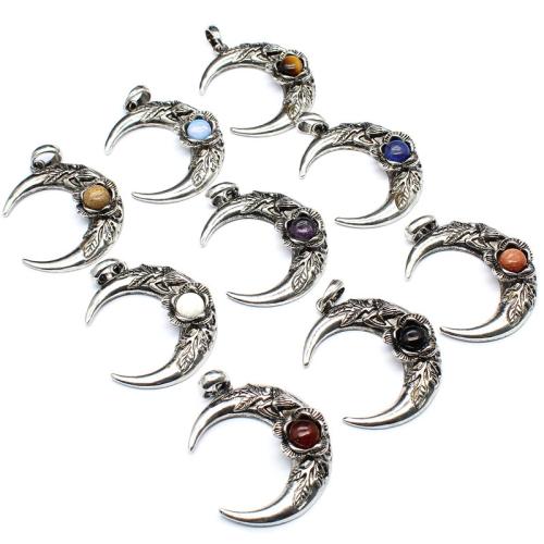 Gemstone Pendants Jewelry Zinc Alloy with Natural Stone & Brass Moon silver color plated DIY nickel lead & cadmium free Sold By PC