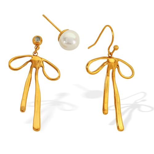 Stainless Steel Stud Earrings 304 Stainless Steel with Glass Beads Bowknot gold color plated fashion jewelry & for woman Sold By Pair