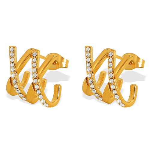 Pendientes de Acero Inoxidable, acero inoxidable 304, Letra X, chapado, diferentes estilos para la opción & para mujer & con diamantes de imitación, dorado, Vendido por Par