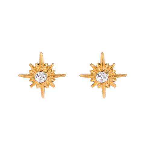 Stainless Steel Stud Earrings 304 Stainless Steel Flower plated fashion jewelry & for woman & with rhinestone golden Sold By Pair