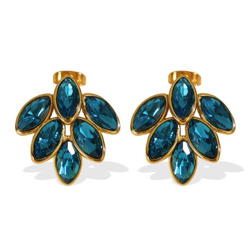 Stainless Steel Stud Earrings 304 Stainless Steel Leaf plated fashion jewelry & for woman & with rhinestone golden Sold By Pair