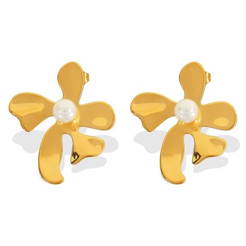 Stainless Steel Stud Earrings 304 Stainless Steel with Glass Beads Flower plated fashion jewelry & for woman Sold By Pair