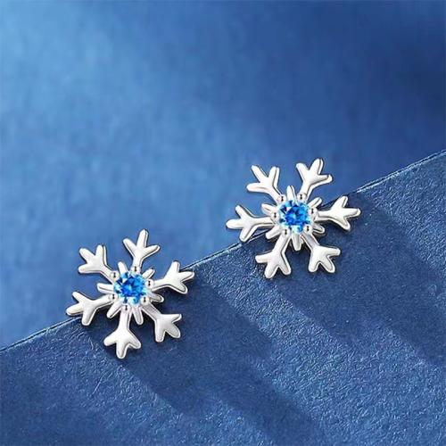 925 Sterling Silver Stud Earring Snowflake platinum plated & for woman & with rhinestone Sold By Pair