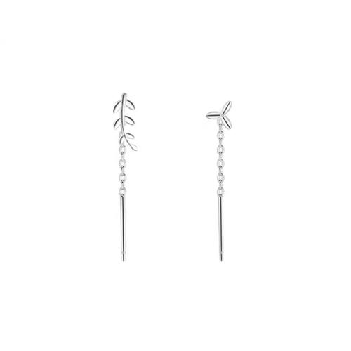 925 Sterling Silver Asymmetric Thread Through Earrings Leaf fashion jewelry & for woman silver color 25mm Sold By Pair