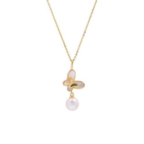 925 Sterling Silver Necklace with White Shell & Plastic Pearl with 2inch extender chain Butterfly gold color plated cross chain & for woman Length Approx 15.7 Inch Sold By PC